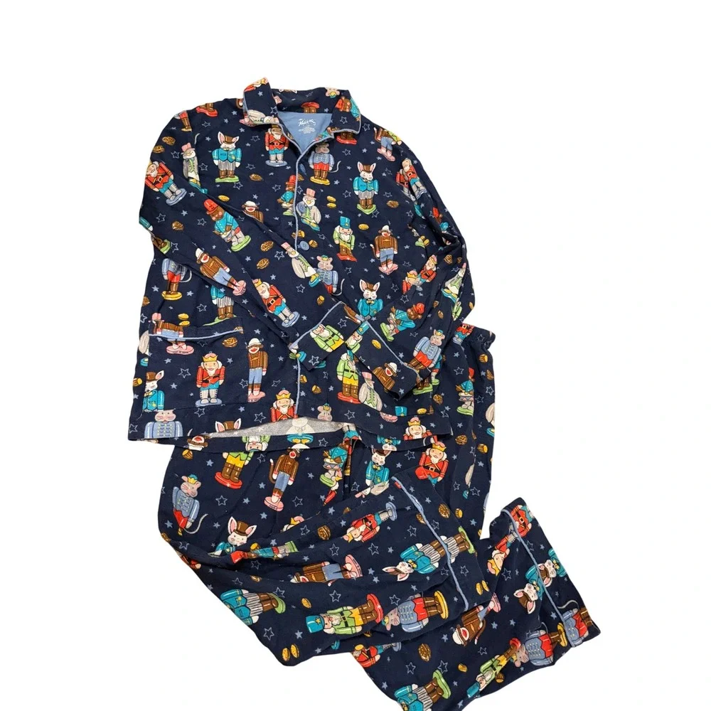 Nick & Nora Nutcracker Animal Flannel Pajama Set Navy Blue Cotton Womens Large